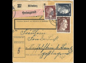 DR 1942, 80+60+15 Pf. auf Dringend Paketkarte v. Miltenberg.