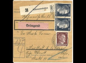 DR 1942, Paar 80+15 Pf. auf Dringend Paketkarte v. RUHMANNSFELDEN.