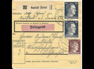 DR 1942, Paar 80+15 Pf. auf Dringend Paketkarte v. NEUSTADT (Donau).
