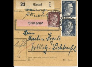 DR 1942, Paar 80+15 Pf. auf Dringend Paketkarte v. AIDENBACH.