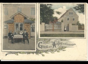 Gruss aus Weißig b. Grossenhain, 1906 gebr. Farb-AK m. Bäckerei u. Personen.