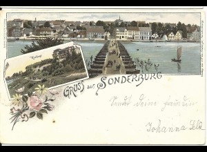 Gruß aus Sonderburg, 1898 gebr. Litho AK n. Flensburg. Heute Dänemark