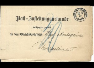 DR 1892, Post Zustell Urkunde v. SODEN (Taunus) n. Königstein. Porto "30" Pfg.