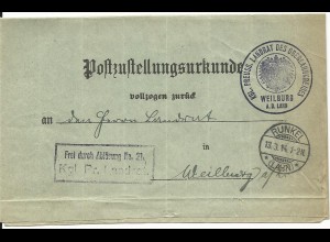 DR 1914, Post Zustell Urkunde v. RUNKEL (Lahn). Frei d. Ablösung Landrat