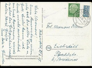 1955, Ochsenfeld ü. Eichstätt, Landpoststellen Stpl. auf Karte m. Notopfer #2847