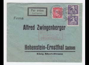 Schweden 1933, Brief v. Stockholm m. Chemnitz Luftpost Bestätigungs Stempel