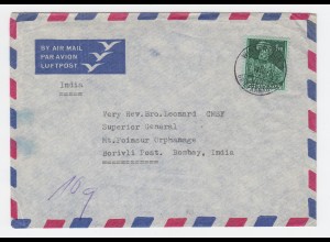 Schweiz 1956, EF 1 Fr. auf Luftpost Brief v. Winterthur n. Indien m. Ank.Stpl.