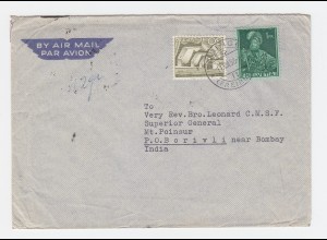 Schweiz 1956, 30 c.+1 Fr. auf Luftpost Brief v. Düdingen n. Indien m. Ank.Stpl.