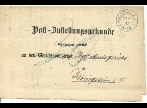 DR 1892, K1 NEUENHAIN auf Zustellungs Urkunde n. Königstein. Porto "30" Pfg.