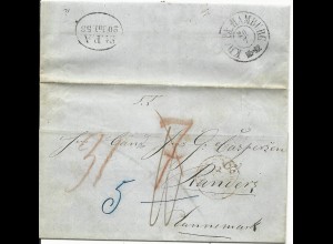 NL 1858, roter K1 Rotterdam auf Porto Brief via KDOPA Hamburg n. Dänemark