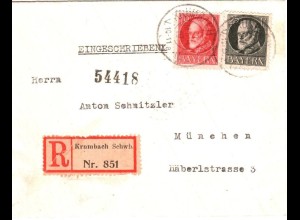 Bayern 1919, 25+10 Pf. auf Einschreiben Brief v. Krumbach. #2669