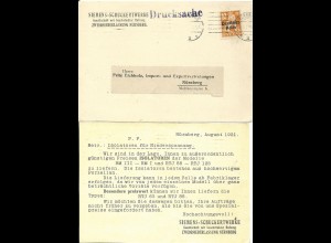 DR 1921, EF 10 Pf. Bayern Abschied aud Siemens Orts Karte v. Nürnberg