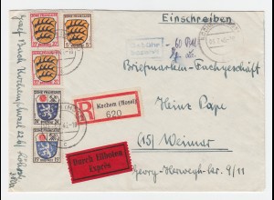 Franz. Zone 1946, 5 Werte + Geb. Bez. auf Einschreiben Eilboten Brief v. Kochem