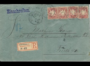 Bayern 1895, MeF 4x10 Pf. auf Einschreiben Brief v. Nürnberg n. Fürth