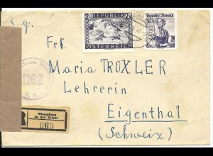 Österreich 1949, 40 Gr.+2 S. auf Reko Zensur Brief v. Wieselburg a.d. Erlauf