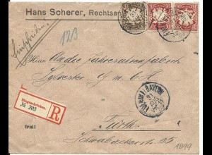 Bayern 1899, 3+2x10 Pf. auf Orts Reko Brief v. Fürth. 23 Pf.-Frankatur!