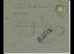 Bayern 1897, 5 Pf. auf Brief v Fürth n. Bristol GB m. diversen Retour Stempeln
