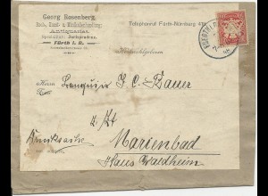 Bayern 1898, EF 10 Pf. auf Zeitungs Schleife v Fürth n. Marienbad, Österreich
