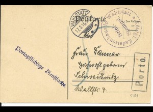 DR 1916, Portopflichtige Militär Dienstsache Karte m. R1 PORTO Wahlstatt (Polen)