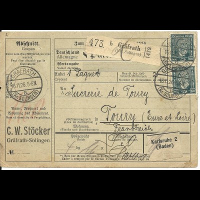 DR 1926, MeF 2x80 Pf. Stephan (Mi.240€) auf Paketkarte v. Gräfrath n Frankreich 