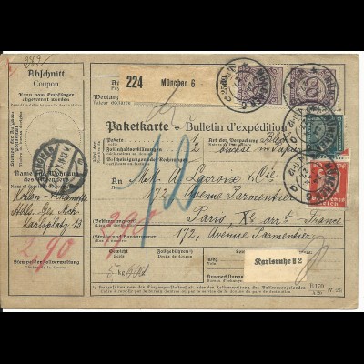 DR 1927, 10+80+2x100 Pf. auf Paketkarte v. München 6 n. Frankreich 