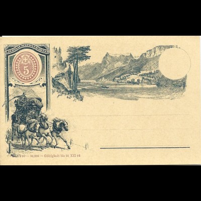 Schweiz 1893, ungebr. 5 C. Jubiläums Bild Ganzsache m. Pferde Post Kutsche