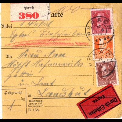 Bayern 1918, 3 Marken auf Einschreiben Eilboten Paketkarte v. PERACH n. Landshut