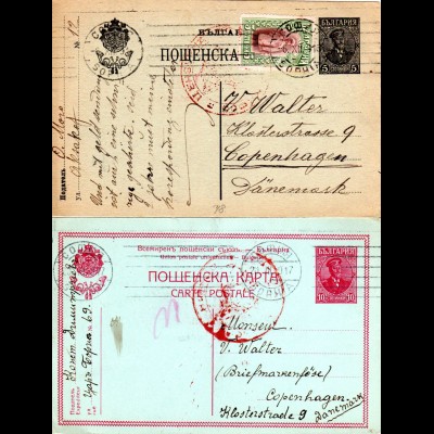 Bulgarien 1916/17, 2 Ganzsache Karten m. Zensuren v. Sofia n. Dänemark