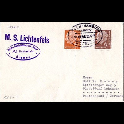 BRD 1955, 4+6 Pf. auf MS Lichtenfels Schiffspost Brief m. Bahnpost abgeleitet