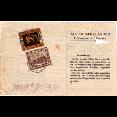 Saargebiet 1921, 5+40 Pf. auf Formular Villeroy Zoll Ausfuhr Erklärung Mettlach