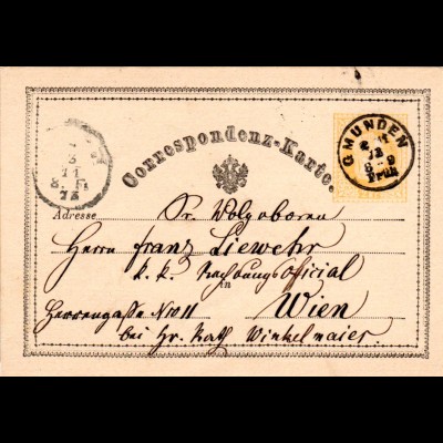 Österreich 1873, kl. K1 GMUNDEN klar auf 2 Kr. Ganzsache