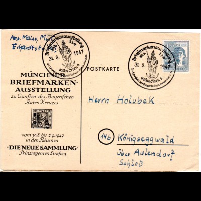 1947, Karte m. Sonder Stpl. Briefmarken Ausstellung zu Gunsten d. By Roten Kreuz