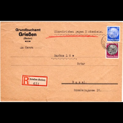 DR 1934, 25+60 Pf. auf Einschreiben Rückschein Brief v. Grießen i.d. Schweiz
