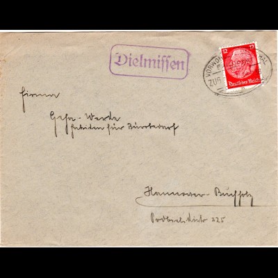 DR 1938, Landpost Stpl. Dielmissen auf Brief m. Bahnpost VORWOHLE EMMERTHAL 