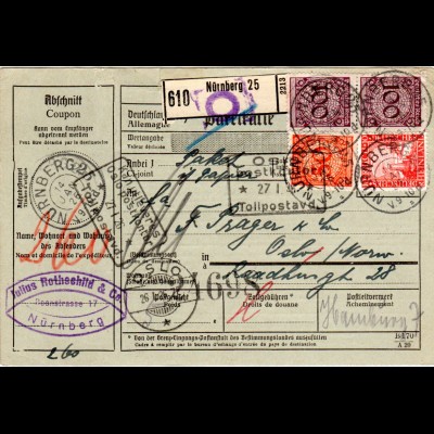 DR 1926, 10+50+2x100 Pf. auf Paketkarte v. Nürnberg n. Norwegen.