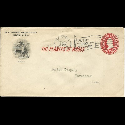 USA 1913, illustrated 2 C. stationery envelope The Planers of Wood from Boston