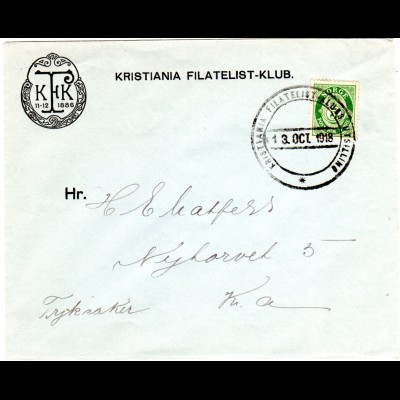 Norwegen 1918, Kristiania Filatelistklubs Utstilling, Brief m. Sonderstempel 