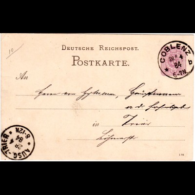 DR 1884, Klaucke Nr.38 COBLENZ b klar auf 5 Pf. Ganzsache n. Trier