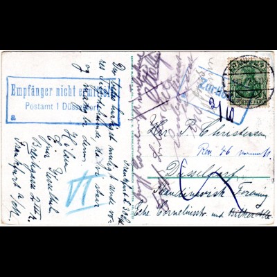 DR 1912, 5 Pf. auf Retour Karte v. Frankfurt m. 2 Düsseldorf Hinweisstempeln