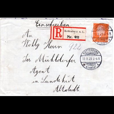 DR 1929, EF 45 Pf. portorichtig auf Einschreiben Brief v. Rottenburg n. Landshut