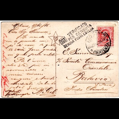 Italien 1916, 10 C. auf Zensur Karte v. Milano n. Batavia, NL Indien. 