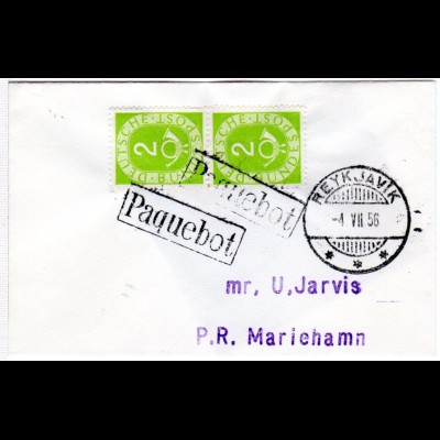 BRD 1956, Paar 2 Pf. Posthorn auf Paquebot Schiffspost Brief v. Island n. Aaland