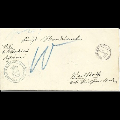 Württemberg 1880, K1 NEUENSTADT adL auf Porto Brief m. Amtsstpl. v. Kocherthürn