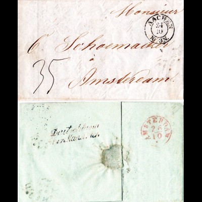 Preussen 1844, K2 AACHEN auf Porto Brief n. NL m. rücks. Transitstpl.