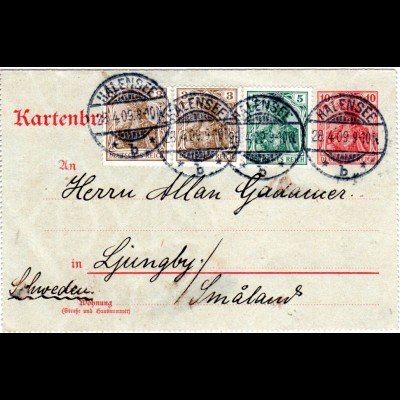 DR 1909, 2x3+5 Pf. als Zusatzfr. auf 10 Pf. Kartenbrief v. Halensee n. Schweden