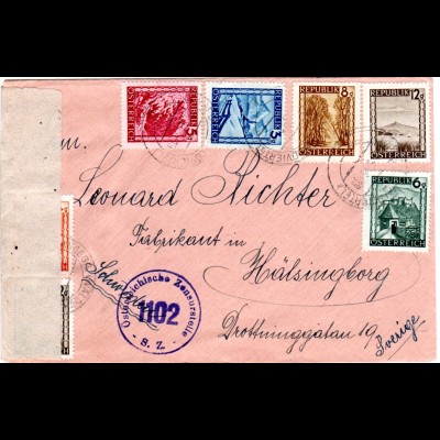 Österreich 1946, 7 Marken auf Zensur Brief v. LANGEGG Waldviertel n. Schweden
