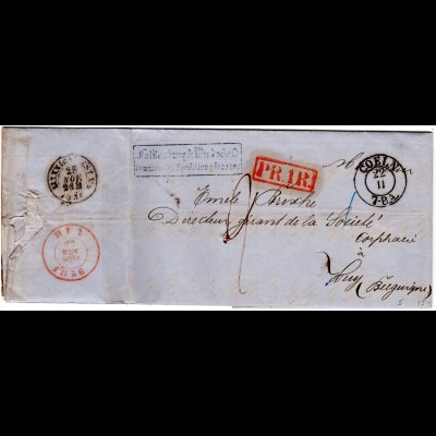 Preussen 1856, K2 COELN u. roter R1 PR.1R. auf Porto Brief n. Belgien