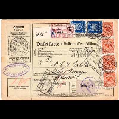 DR 1926, 4x50+3x20 Pf. vs.+rs. auf Paketkarte v. SONNEBERG n. Norwegen