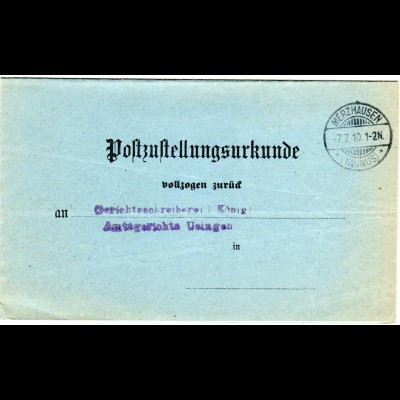 DR 1910, Post Zustellungs Urkunde m. Stpl. MERZHAUSEN (Taunus) n. Usingen.