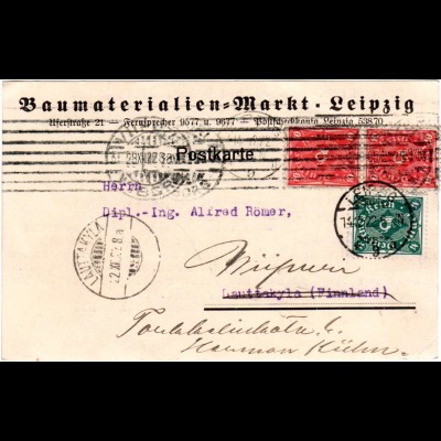 DR 1922, 4+Paar 10 Mk. auf Firmen Karte v. Leipzig n. Finnland. Nachsendung